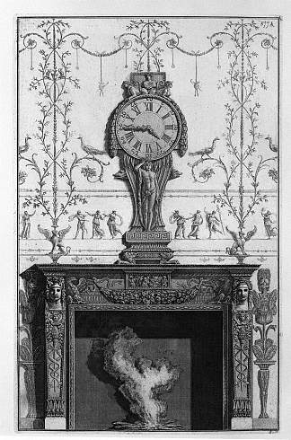 壁炉：在时钟平面上方两只鹰之间的花环带中 Fireplace: In a garland frieze between two eagles above the plane of a clock，乔瓦尼·巴蒂斯塔·皮拉内西