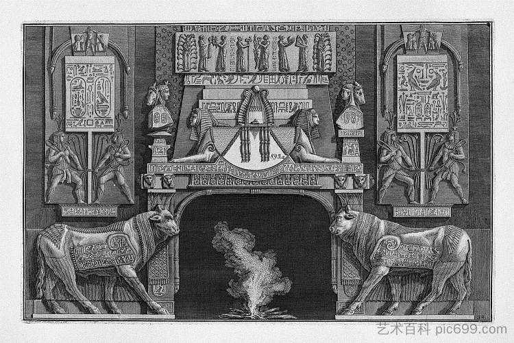 埃及风格的壁炉，两侧各有一头神牛，头朝向火 Fireplace in egyptian-style, on each side of a sacred cow in profile with her head toward the fire，乔瓦尼·巴蒂斯塔·皮拉内西