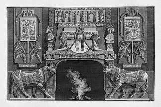 埃及风格的壁炉，两侧各有一头神牛，头朝向火 Fireplace in egyptian-style, on each side of a sacred cow in profile with her head toward the fire，乔瓦尼·巴蒂斯塔·皮拉内西