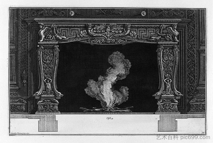 壁炉：在两个角，海豚和狮身人面像之间的鼠尾草叶的楣板上 Fireplace: on the frieze of acanthus leaf between two horns, dolphins and sphinxes，乔瓦尼·巴蒂斯塔·皮拉内西