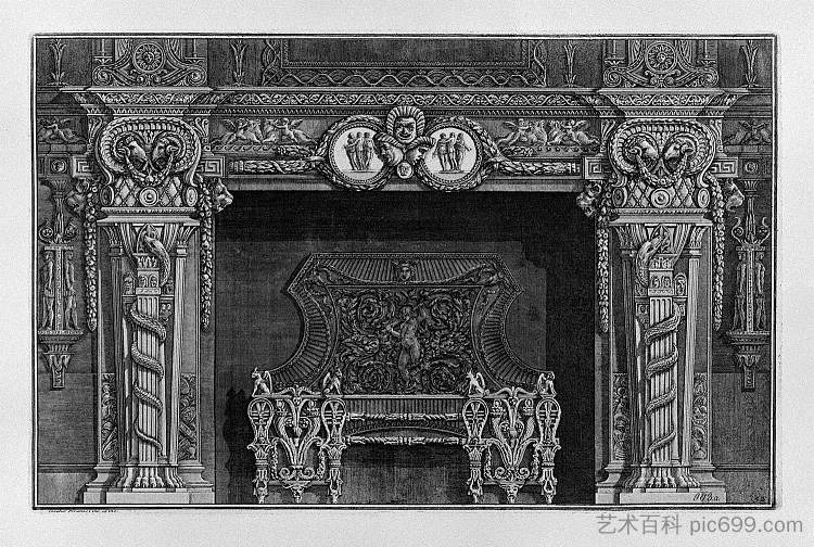 壁炉:在两个奖章与格雷斯之间的楣板中阶段三个面具,在内部,全翼 Fireplace: stage three masks in the frieze between two medallions with the Graces, in the interior, full wing,乔瓦尼·巴蒂斯塔·皮拉内西