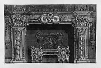 壁炉：在两个奖章与格雷斯之间的楣板中阶段三个面具，在内部，全翼 Fireplace: stage three masks in the frieze between two medallions with the Graces, in the interior, full wing，乔瓦尼·巴蒂斯塔·皮拉内西