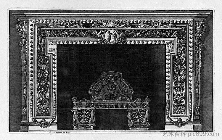 壁炉在楣板和小橡子的边界上浮雕，丰富的翅膀 Fireplace with a cameo in the frieze and border of small acorns, rich wing，乔瓦尼·巴蒂斯塔·皮拉内西