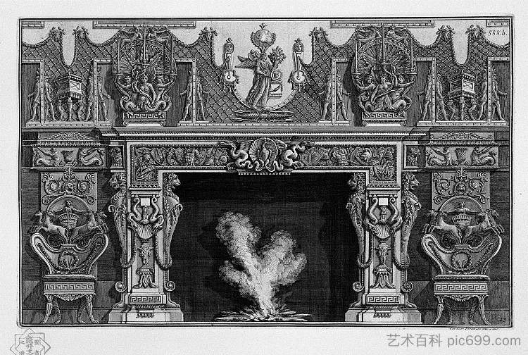 带有盔甲楣的壁炉;苍鹭在两条龙中间的贝壳中 Fireplace with a frieze of armor; heron in a shell at the center between two dragons，乔瓦尼·巴蒂斯塔·皮拉内西