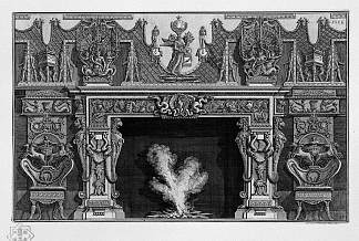 带有盔甲楣的壁炉;苍鹭在两条龙中间的贝壳中 Fireplace with a frieze of armor; heron in a shell at the center between two dragons，乔瓦尼·巴蒂斯塔·皮拉内西