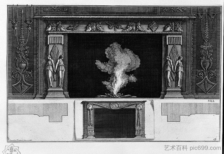 壁炉，上面挂着面具，臀部有翅膀的人物;其他方式更小 Fireplace with a frieze of masks, winged figures at the hips; other way smaller inferiorly，乔瓦尼·巴蒂斯塔·皮拉内西