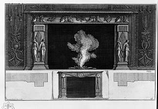 壁炉，上面挂着面具，臀部有翅膀的人物;其他方式更小 Fireplace with a frieze of masks, winged figures at the hips; other way smaller inferiorly，乔瓦尼·巴蒂斯塔·皮拉内西