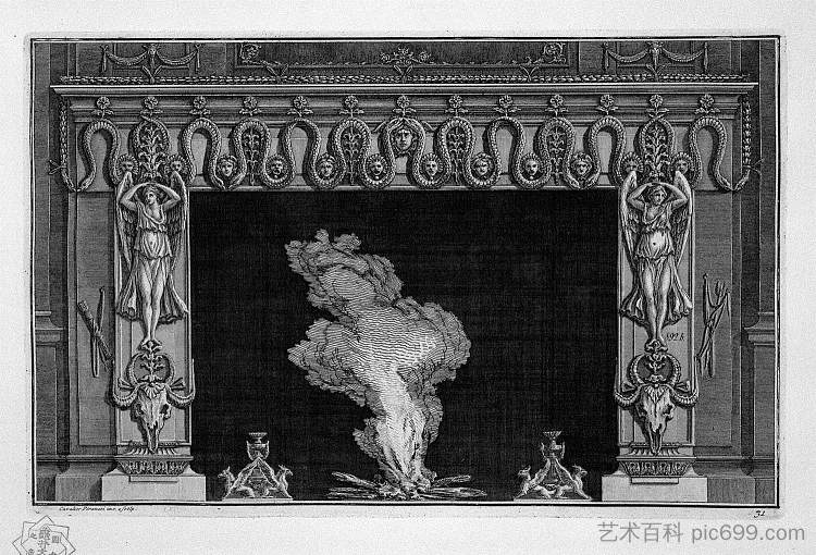 壁炉，臀部布鹤上方有蛇和有翅膀的人物 Fireplace with a frieze of serpents and winged figures above the hips bucranes，乔瓦尼·巴蒂斯塔·皮拉内西