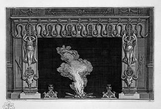 壁炉，臀部布鹤上方有蛇和有翅膀的人物 Fireplace with a frieze of serpents and winged figures above the hips bucranes，乔瓦尼·巴蒂斯塔·皮拉内西