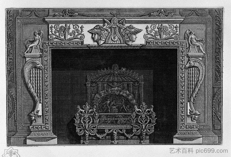 带有大型华丽金属翼的壁炉 Fireplace with a large ornate metal wing，乔瓦尼·巴蒂斯塔·皮拉内西