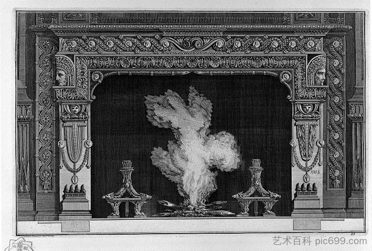 壁炉与花环楣申请人和浮雕 Fireplace with garland frieze applicant and cameos，乔瓦尼·巴蒂斯塔·皮拉内西