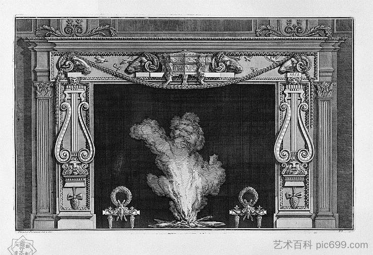壁炉两侧有两个大里拉,四个公羊头在楣板里 Fireplace with two large lire on the sides, and four rams` heads in the frieze,乔瓦尼·巴蒂斯塔·皮拉内西