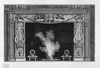 壁炉两侧有两个大里拉，四个公羊头在楣板里 Fireplace with two large lire on the sides, and four rams` heads in the frieze，乔瓦尼·巴蒂斯塔·皮拉内西