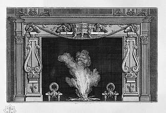 壁炉两侧有两个大里拉，四个公羊头在楣板里 Fireplace with two large lire on the sides, and four rams` heads in the frieze，乔瓦尼·巴蒂斯塔·皮拉内西
