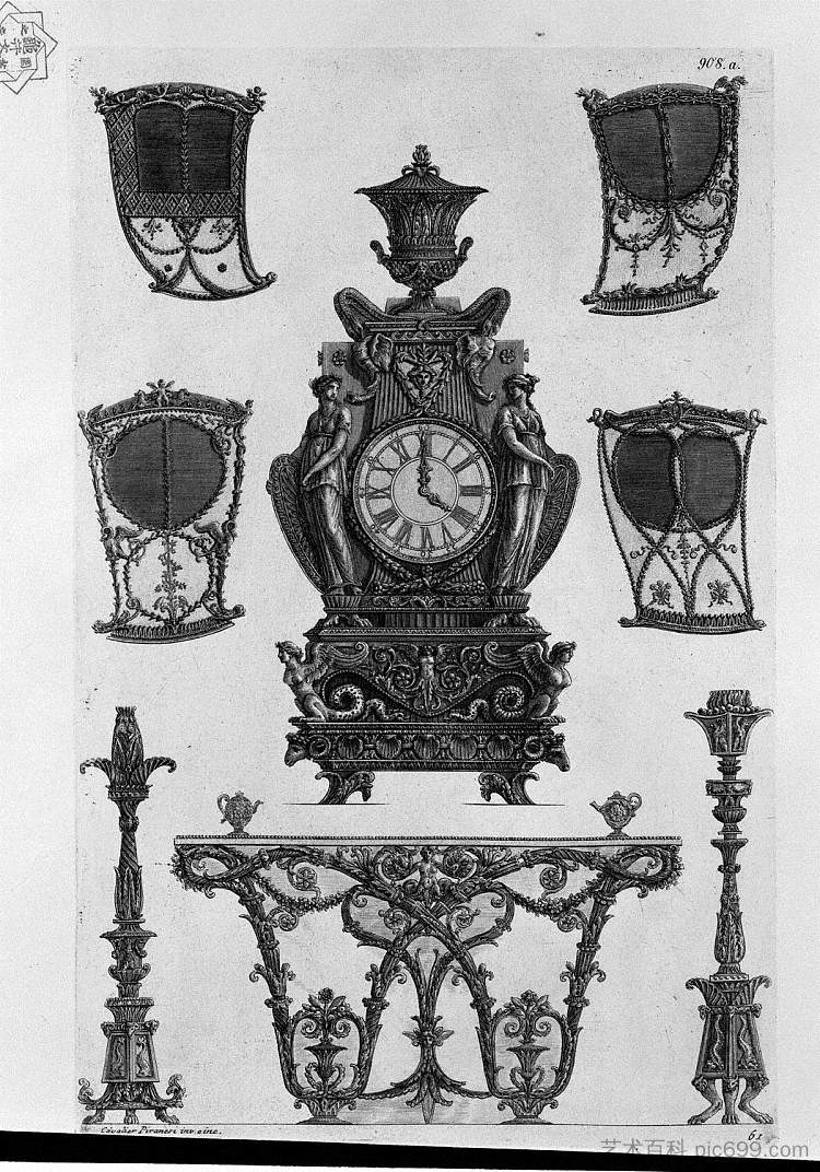 轿车的四面，一个时钟，两个烛台，桌子墙 Four sides of the sedan, a clock, two candlesticks, table wall，乔瓦尼·巴蒂斯塔·皮拉内西