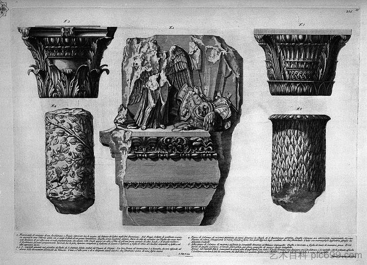 楣板和楣板的碎片，柱子和碎片的首都 Fragment of an architrave and frieze, capitals of columns and pieces，乔瓦尼·巴蒂斯塔·皮拉内西