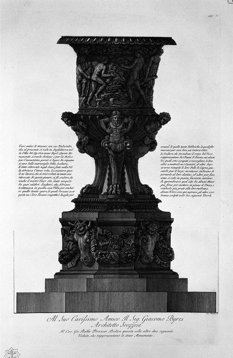 伟大的古代花瓶及其大理石基座于1769年在哈德良别墅发现 Great ancient vase with its marble pedestal found at Hadrian`s Villa in 1769，乔瓦尼·巴蒂斯塔·皮拉内西