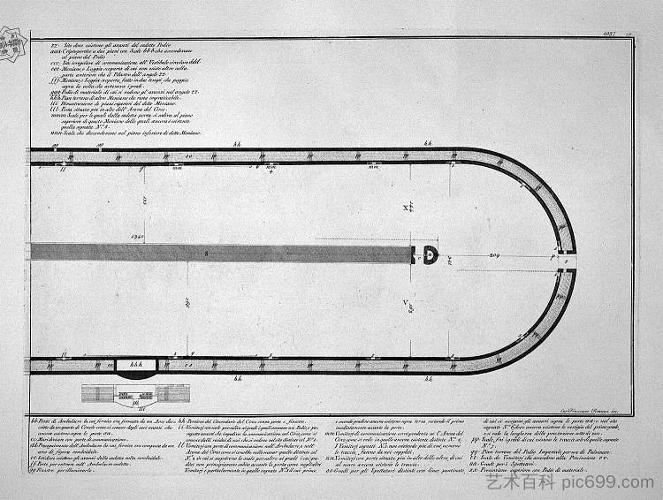 卡拉卡拉马戏团的平面图在今天的卡佩纳门外的S.塞巴斯蒂安门，在两个董事会相遇 Ground plan of the Circus of Caracalla in today Capena outside the Porta S. Sebastian, in the two boards meet together，乔瓦尼·巴蒂斯塔·皮拉内西
