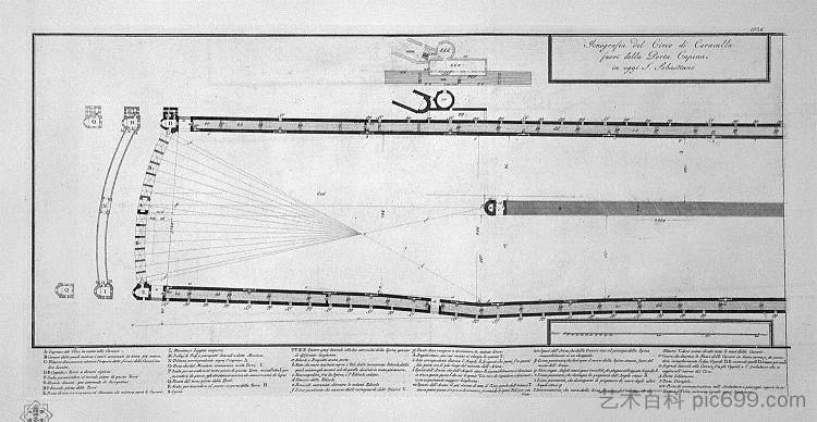 卡拉卡拉马戏团的平面图在今天的卡佩纳门外的S.塞巴斯蒂安门，在两个董事会相遇 Ground plan of the Circus of Caracalla in today Capena outside the Porta S. Sebastian, in the two boards meet together，乔瓦尼·巴蒂斯塔·皮拉内西