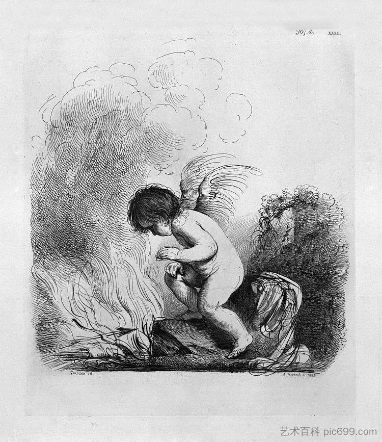 丘比特想烧弓箭 由格尔奇诺 Cupid looking to burn the bow and arrows by Guercino，乔瓦尼·巴蒂斯塔·皮拉内西