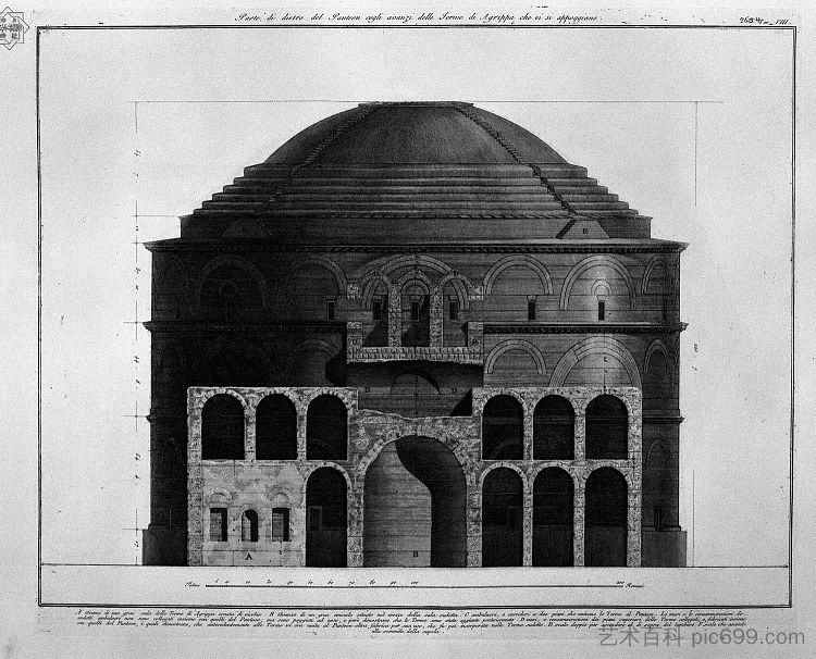 万神殿背面的一部分，支撑着阿格里帕浴场的遗迹 Part of the back of the Pantheon with the remains of the Baths of Agrippa which are supported，乔瓦尼·巴蒂斯塔·皮拉内西