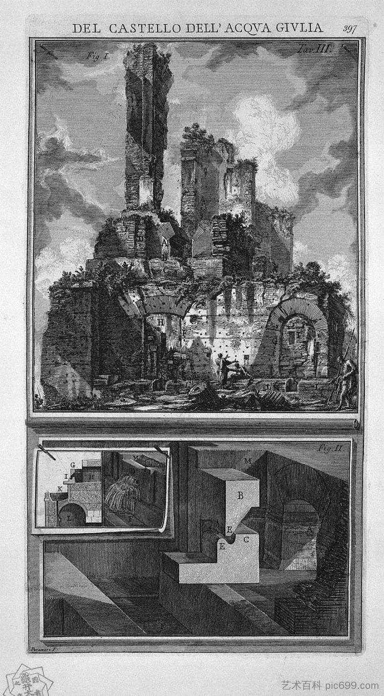 一侧的透视图，以及渡槽孔口五个分支的构造细节 Perspective of one of the sides, and construction details of the five branches of the orifice of the aqueduct，乔瓦尼·巴蒂斯塔·皮拉内西