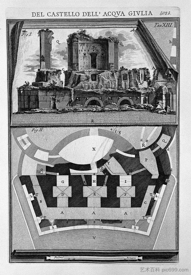 城堡废墟的平面图和立面图，去除任何建筑物的增加 Plan and elevation of the castle ruins stripped of any building addition，乔瓦尼·巴蒂斯塔·皮拉内西