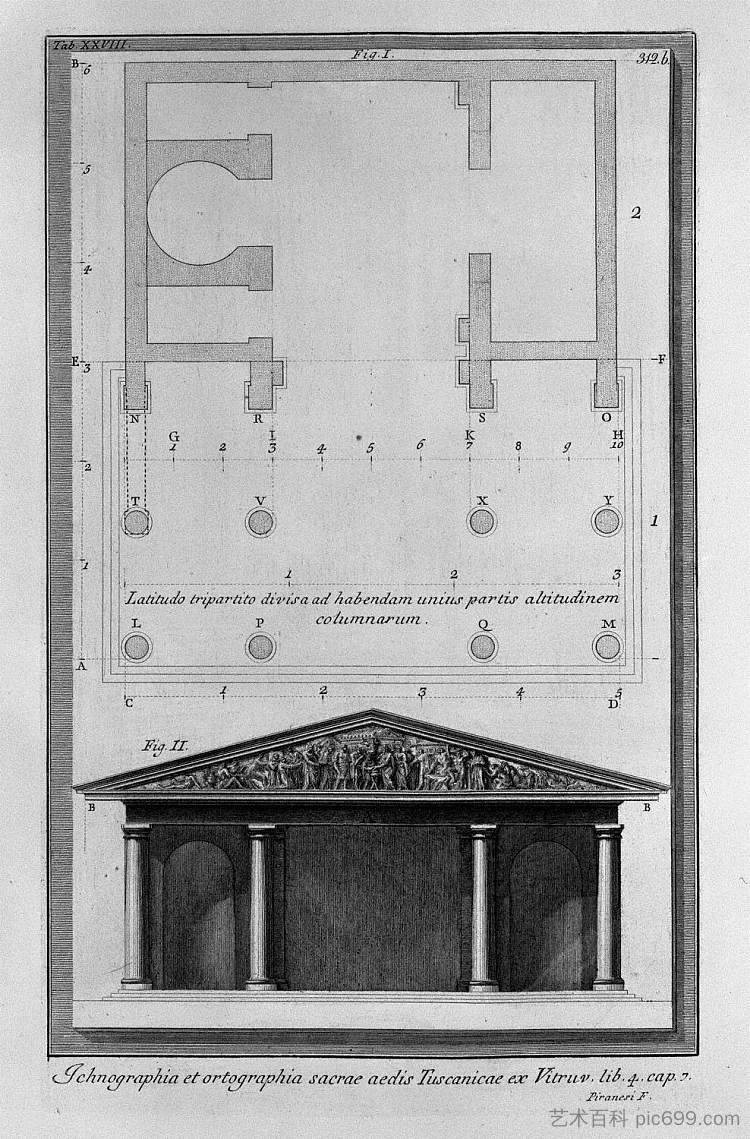 第二座托斯卡纳维特鲁威神庙的平面图和立面图 Plan and elevation of the second Temple Tuscan Vitruvius，乔瓦尼·巴蒂斯塔·皮拉内西