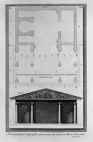 第二座托斯卡纳维特鲁威神庙的平面图和立面图 Plan and elevation of the second Temple Tuscan Vitruvius，乔瓦尼·巴蒂斯塔·皮拉内西