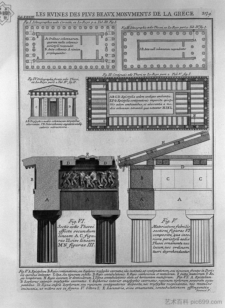 希腊多立克神庙的平面图，立面图和细节（来自勒罗伊） Plan, elevation and details of Doric temples in Greece (from Le Roy)，乔瓦尼·巴蒂斯塔·皮拉内西