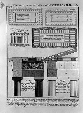 希腊多立克神庙的平面图，立面图和细节（来自勒罗伊） Plan, elevation and details of Doric temples in Greece (from Le Roy)，乔瓦尼·巴蒂斯塔·皮拉内西