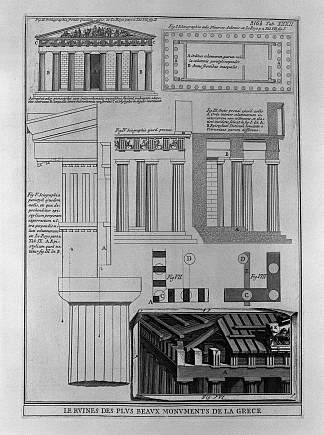 希腊多立克神庙的平面图，立面图和细节（来自勒罗伊） Plan, elevation and details of Doric temples in Greece (from Le Roy)，乔瓦尼·巴蒂斯塔·皮拉内西