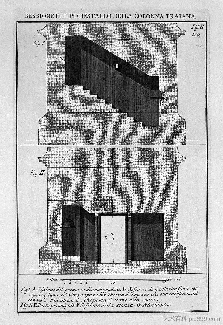 柱子本身的基座和底座的部分,大门和窗户 Section of the pedestal and base of the column itself, the main door and window,乔瓦尼·巴蒂斯塔·皮拉内西