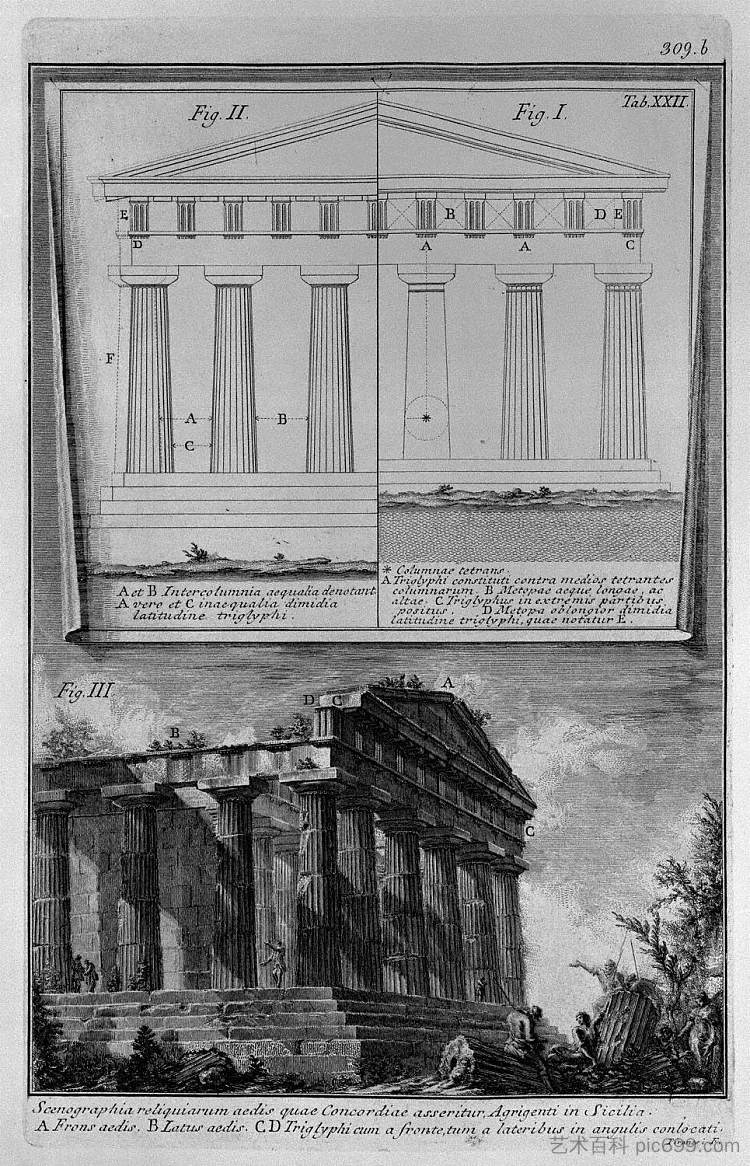 设置设计立面和阿格里真托的康科迪亚神庙 Set design elevations and the Temple of Concordia in Agrigento，乔瓦尼·巴蒂斯塔·皮拉内西