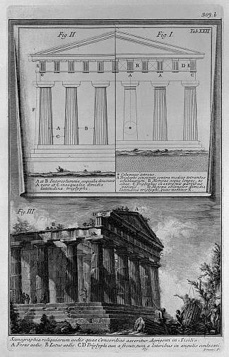 设置设计立面和阿格里真托的康科迪亚神庙 Set design elevations and the Temple of Concordia in Agrigento，乔瓦尼·巴蒂斯塔·皮拉内西