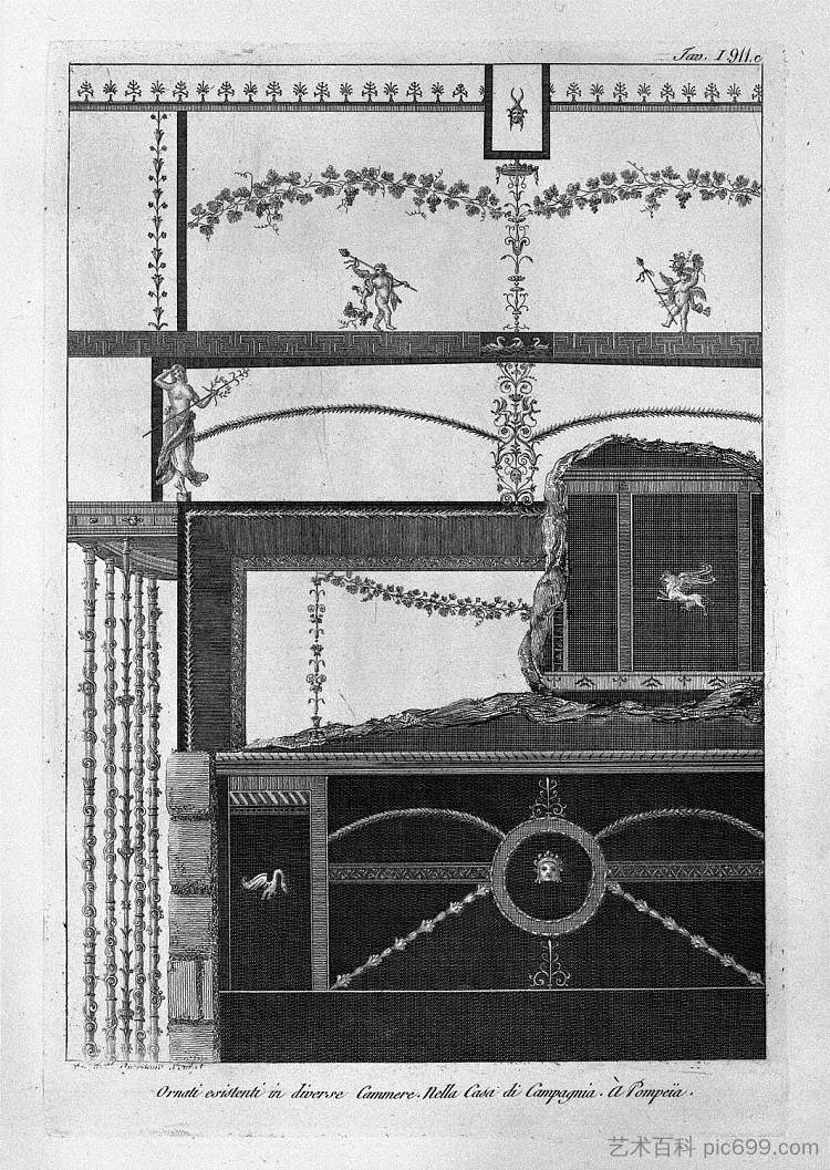 有几个用马赛克装饰墙壁，拱顶和地板，存在于歌剧院的凸轮中，用于庞贝的装饰 Several adorned the walls, vaults and floors in mosaic, existing in the cam of the Opera House for the decorations of Pompeii，乔瓦尼·巴蒂斯塔·皮拉内西