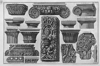 几个首都和一个浅浮雕（法尔内塞花园，巴贝里尼别墅等） Several capitals and a bas-relief (Farnese Gardens, Villa Barberini, etc.)，乔瓦尼·巴蒂斯塔·皮拉内西