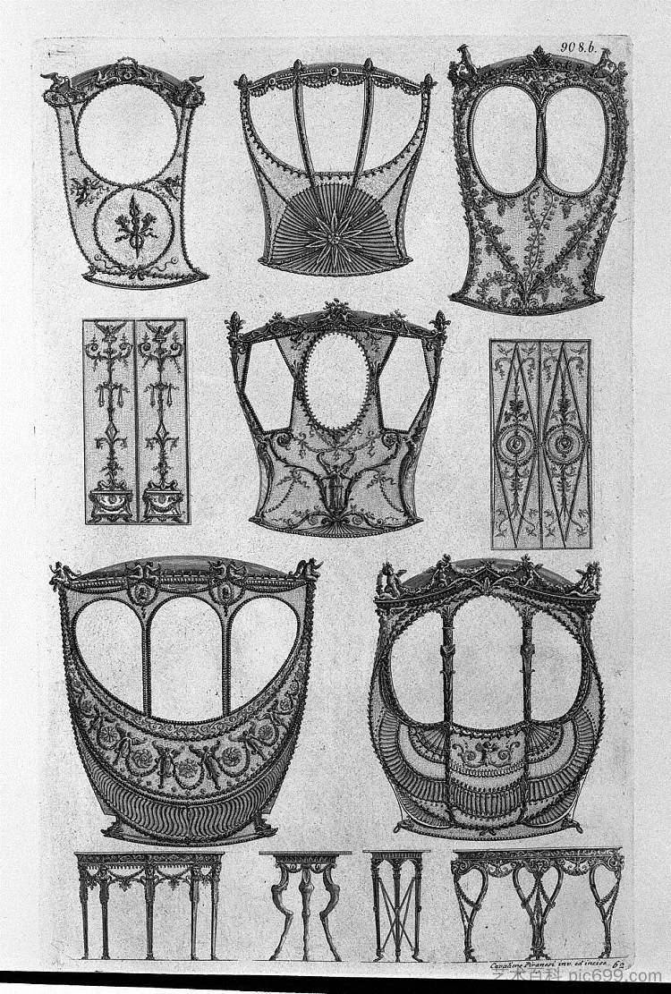 轿车的六个侧面，两个面板，两个三脚架，两张桌子到墙上 Six sides of sedans, two panels, two tripods, two tables to the wall，乔瓦尼·巴蒂斯塔·皮拉内西