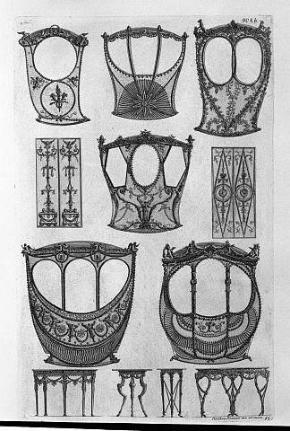 轿车的六个侧面，两个面板，两个三脚架，两张桌子到墙上 Six sides of sedans, two panels, two tripods, two tables to the wall，乔瓦尼·巴蒂斯塔·皮拉内西