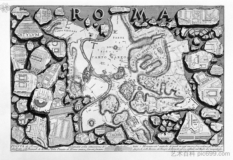 罗马古物，t. 1，图版 II。 古罗马和福尔马乌尔比斯地图。 The Roman antiquities, t. 1, Plate II. Map of ancient Rome and Forma Urbis. (1756; Italy  )，乔瓦尼·巴蒂斯塔·皮拉内西