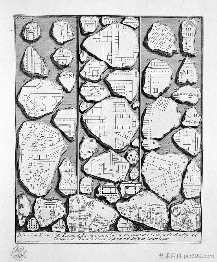 罗马古物,t. 1,图版 III。 古罗马和福尔马乌尔比斯地图。 The Roman antiquities, t. 1, Plate III. Map of ancient Rome and Forma Urbis. (1756; Italy ),乔瓦尼·巴蒂斯塔·皮拉内西