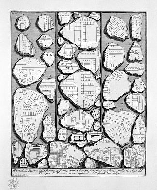 罗马古物，t. 1，图版 III。 古罗马和福尔马乌尔比斯地图。 The Roman antiquities, t. 1, Plate III.  Map of ancient Rome and Forma Urbis. (1756; Italy                     )，乔瓦尼·巴蒂斯塔·皮拉内西