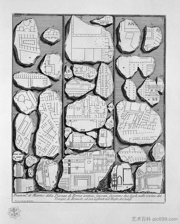 罗马古物，t. 1，图版四。 古罗马和福尔马乌尔比斯地图。 The Roman antiquities, t. 1, Plate IV. Map of ancient Rome and Forma Urbis. (1756; Italy  )，乔瓦尼·巴蒂斯塔·皮拉内西