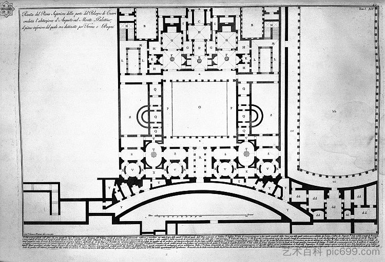 罗马古物，t. 1，图版四十四。卡比托利欧山及其堡垒平面图;卡比托利欧两侧的两个角或石头的视角 The Roman antiquities, t. 1, Plate XLIV. Plan of Mount Capitoline and its fortress; Perspective of the two horns or stones that stood in the sides of the Capitoline (1756; Italy  )，乔瓦尼·巴蒂斯塔·皮拉内西