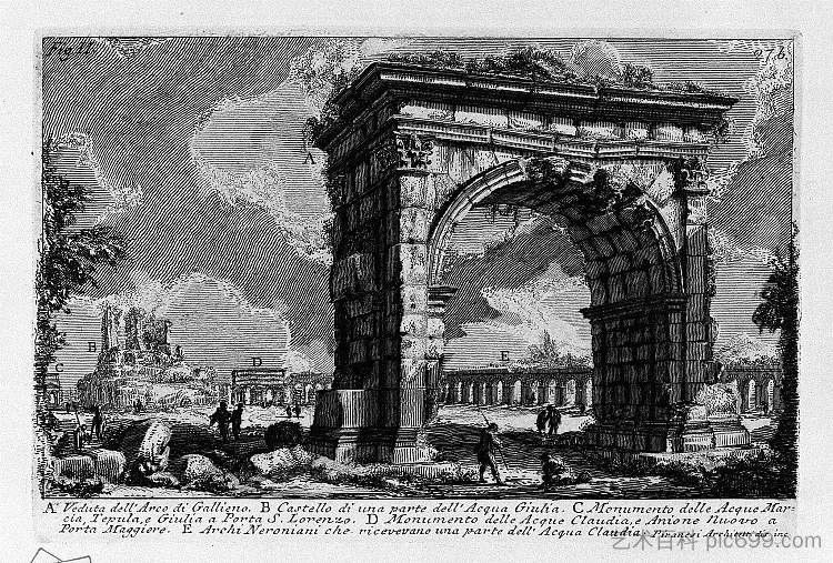 罗马古物，t. 1，图版二十六。加利埃努斯拱门。 The Roman antiquities, t. 1, Plate XXVI. Arch of Gallienus. (1756; Italy  )，乔瓦尼·巴蒂斯塔·皮拉内西