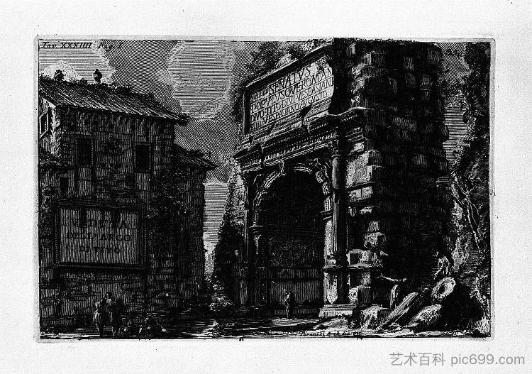 罗马古物，t. 1，图版三十四。吠陀与提图斯拱门。 The Roman antiquities, t. 1, Plate XXXIV. Veduta with Arch of Titus. (1756; Italy  )，乔瓦尼·巴蒂斯塔·皮拉内西