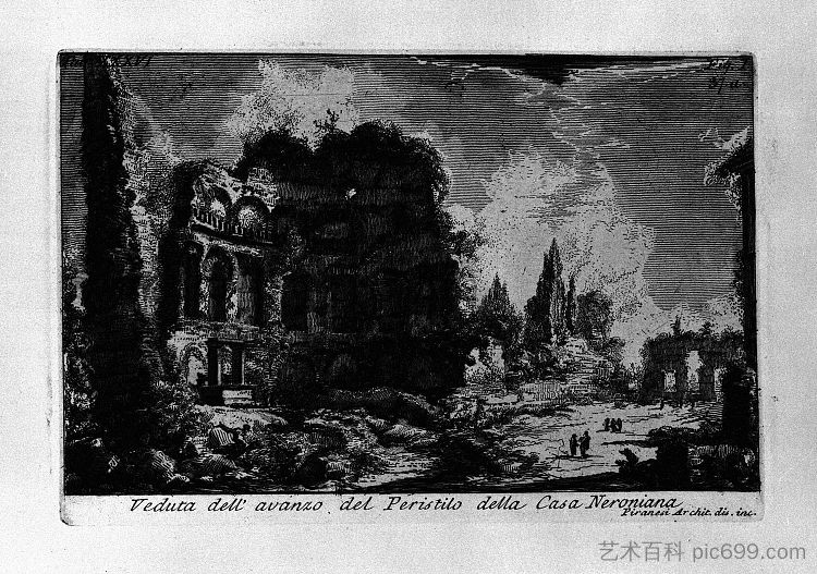 罗马古物，t. 1，图版三十六。吠陀与尼禄佩里风格之家的废墟。 The Roman antiquities, t. 1, Plate XXXVI. Veduta with ruins of the Peristyle House of Nero. (1756; Italy  )，乔瓦尼·巴蒂斯塔·皮拉内西