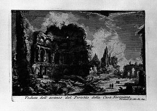 罗马古物，t. 1，图版三十六。吠陀与尼禄佩里风格之家的废墟。 The Roman antiquities, t. 1, Plate XXXVI. Veduta with ruins of the Peristyle House of Nero. (1756; Italy                     )，乔瓦尼·巴蒂斯塔·皮拉内西