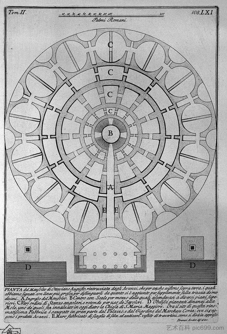 罗马古物,t. 2,图版 LXI。奥古斯都陵墓平面图。 The Roman antiquities, t. 2, Plate LXI. Plan of the Mausoleum of Augustus.,乔瓦尼·巴蒂斯塔·皮拉内西