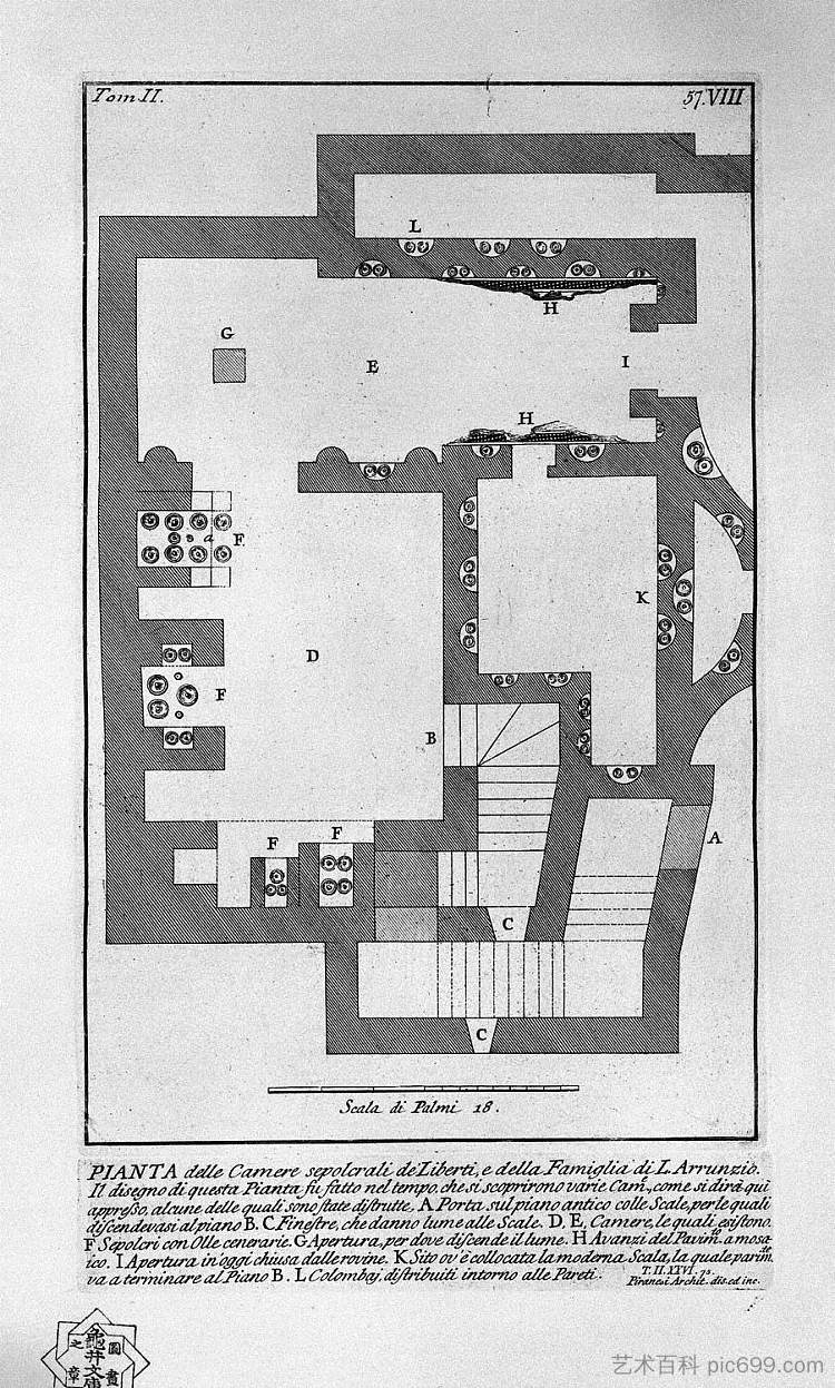 罗马古物，t. 2，图版八。L. Liberti和Arrunzio家族的墓室进入。 The Roman antiquities, t. 2, Plate VIII. Entry of the burial chamber of L. Liberti and Family Arrunzio. (1756; Italy  )，乔瓦尼·巴蒂斯塔·皮拉内西